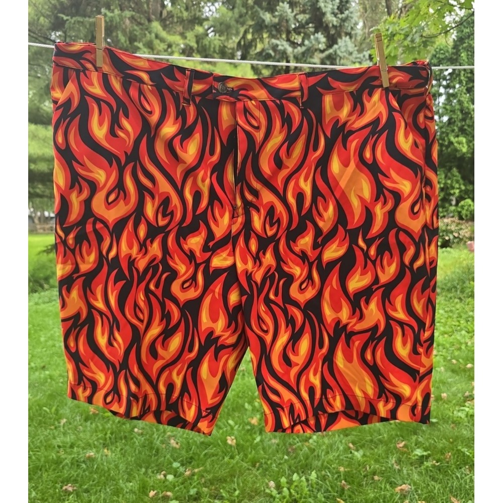 Loudmouth Shorts Men 48 Black Flame Fire Print Polyester Performance Stretch 11"
